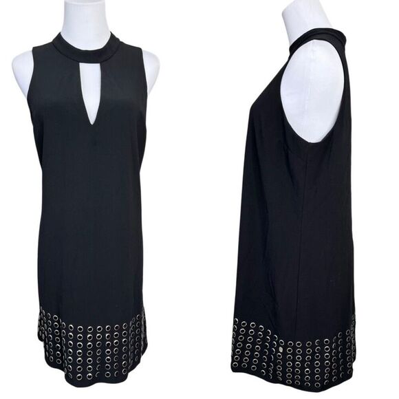 Guess Deetra Halter Aline Dress Keyhole Dress Black LARGE Embellished Preppy LBD - Picture 2 of 13